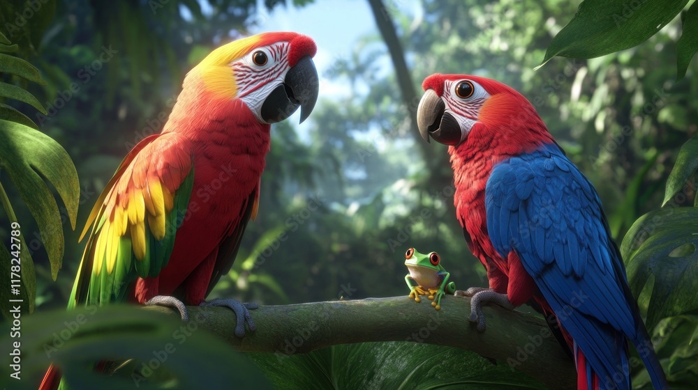 Fototapeta premium Two colorful parrots and a frog in a lush jungle setting.