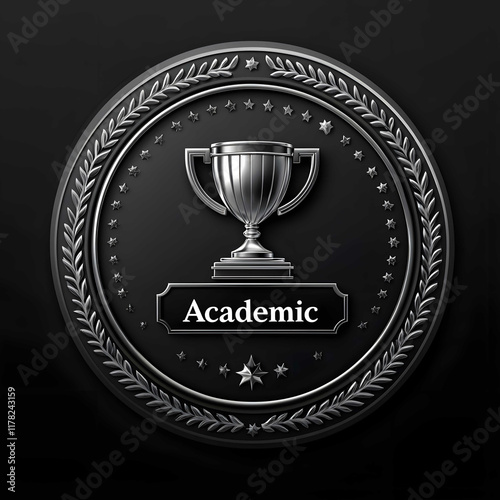 a digital badge design sliver color Trophies icon in the middle round the circle with small text Academic 3d skeuomorphic design flat black color background photo