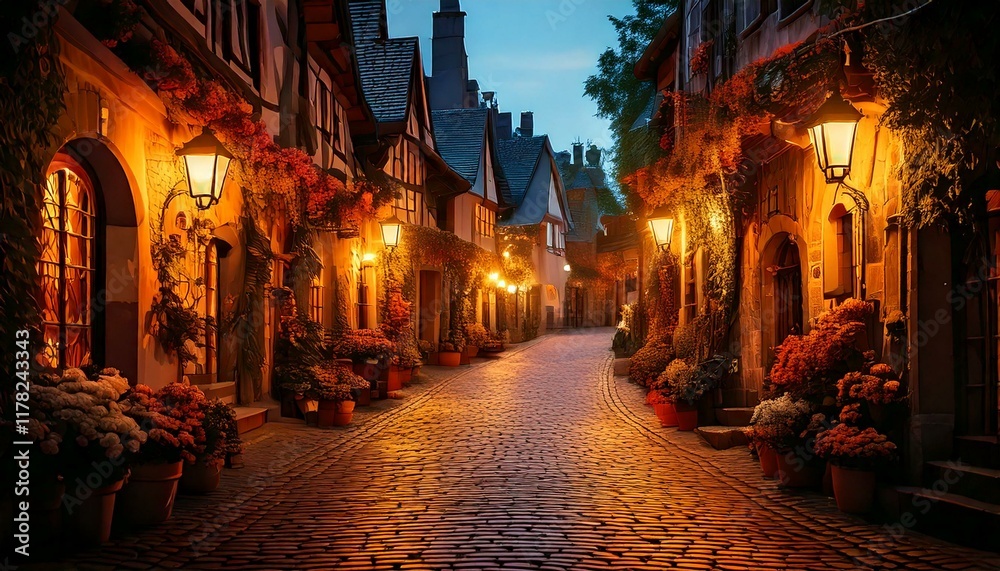 cobblestone street lit by warm lanterns in a quiet cobblestone street lit by warm lanterns in a quiet