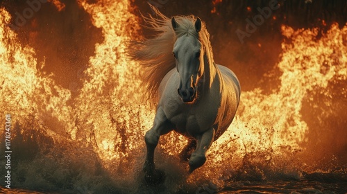 A majestic white horse galloping fearlessly through fiery flames in a dramatic and dynamic nature scene, symbolizing power, grace, and resilience photo