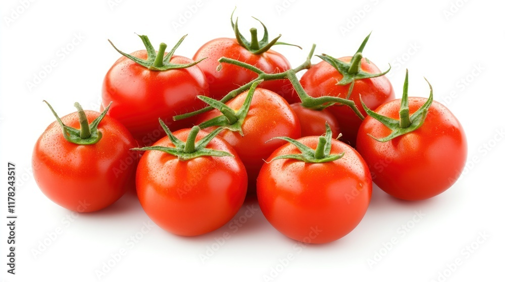 A cluster of fresh, ripe red tomatoes with green stems on a white background. A cluster of fresh, ripe red tomatoes with green stems on a white background.