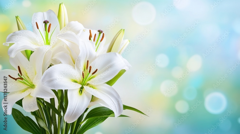 Fototapeta premium A bouquet of white lilies against a soft, colorful background.