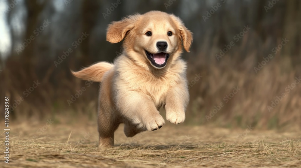 A joyful golden retriever puppy running in a natural setting. A joyful golden retriever puppy running in a natural setting.