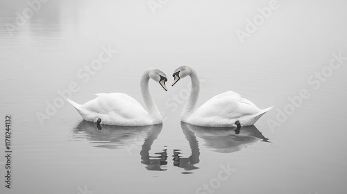 Fototapeta Naklejka Na Ścianę i Meble -  Black and white swans form a heart shape on a calm lake symbolizing tranquility, harmony, and love, reflected in the serene water creating a peaceful, balanced atmosphere

