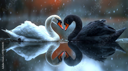 Black and white swans form a heart shape on a calm lake symbolizing tranquility, harmony, and love, reflected in the serene water creating a peaceful, balanced atmosphere

 photo