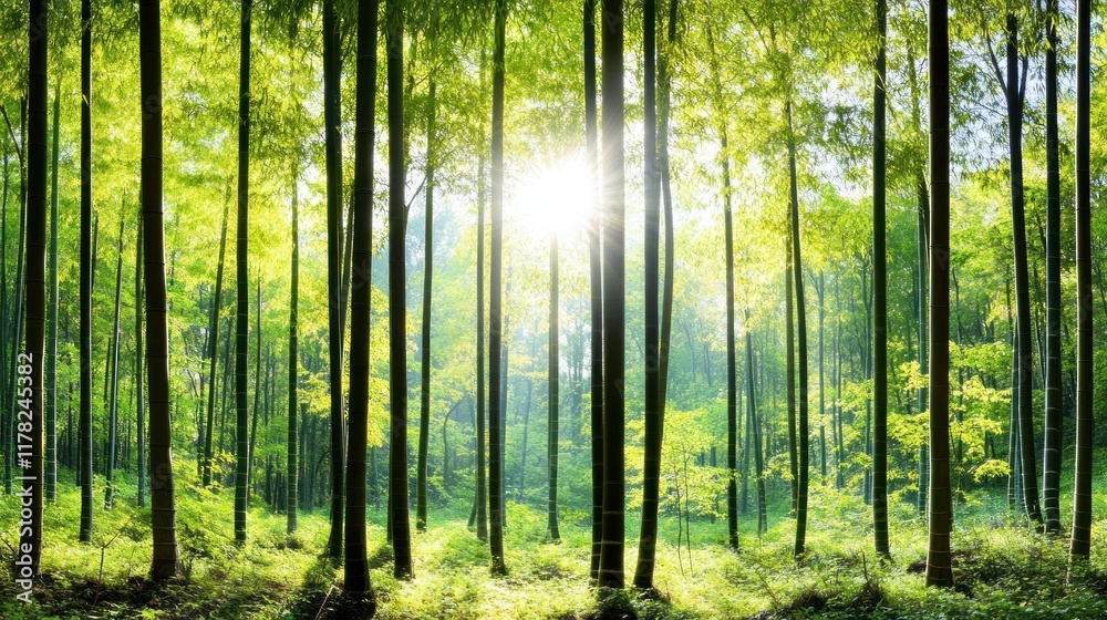 Fototapeta premium Sunlight filters through a lush green forest, creating a serene atmosphere.