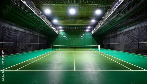 indoor tennis court with green surface and bright led lighting photo