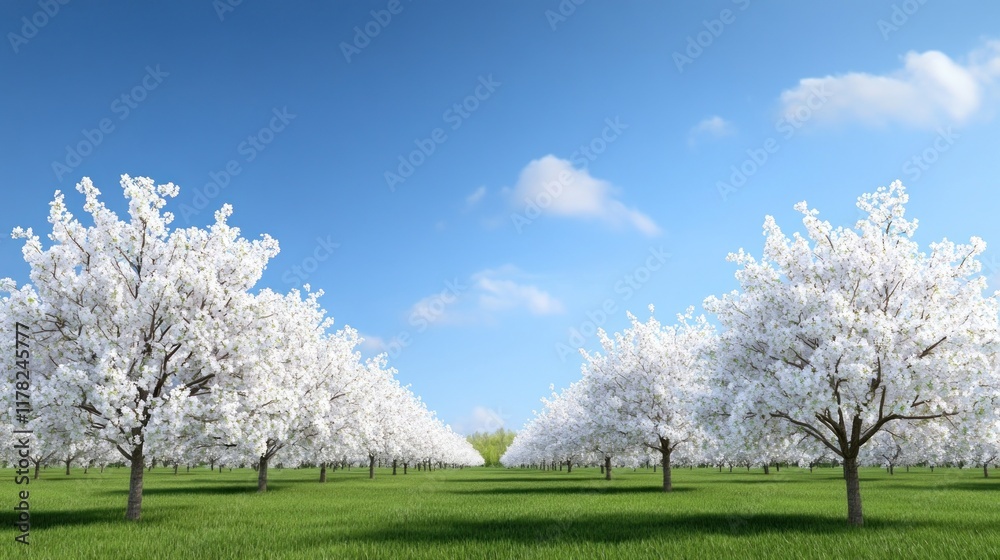 A serene landscape of blooming white trees under a blue sky. A serene landscape of blooming white trees under a blue sky.