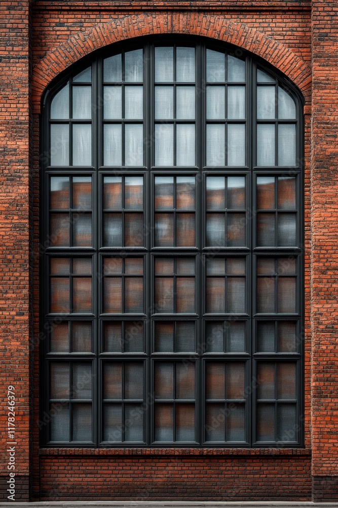 Obraz premium Large industrial window design with black frame and red brick wall in an urban setting during daylight hours highlighting architectural details