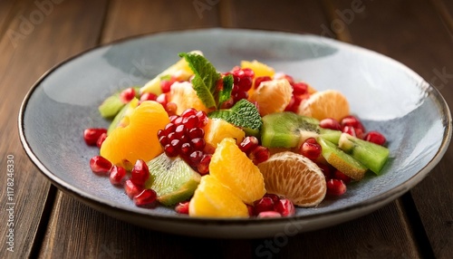 vibrant fruit salad with citrus and pomegranate on wooden table photo