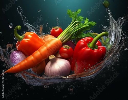 fresh carrots onions garlic sweet peppers and tomatoes and water splashing fresh vegetables concept generated ai