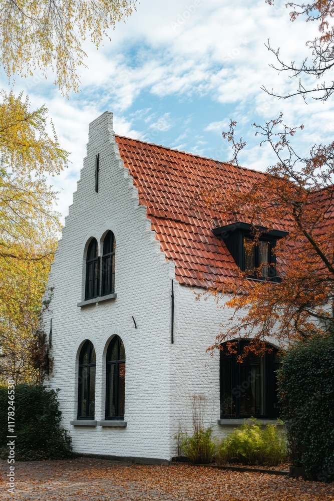 Charming white house with red roof surrounded by autumn foliage in a tranquil neighborhood under a cloudy sky in late afternoon Charming white house with red roof surrounded by autumn foliage in a tranquil neighborhood under a cloudy sky in late afternoon