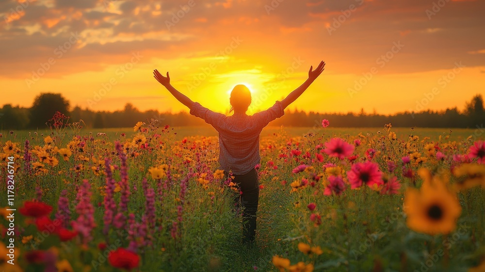 Woman with raised arms in wildflower field at sunset Woman with raised arms in wildflower field at sunset