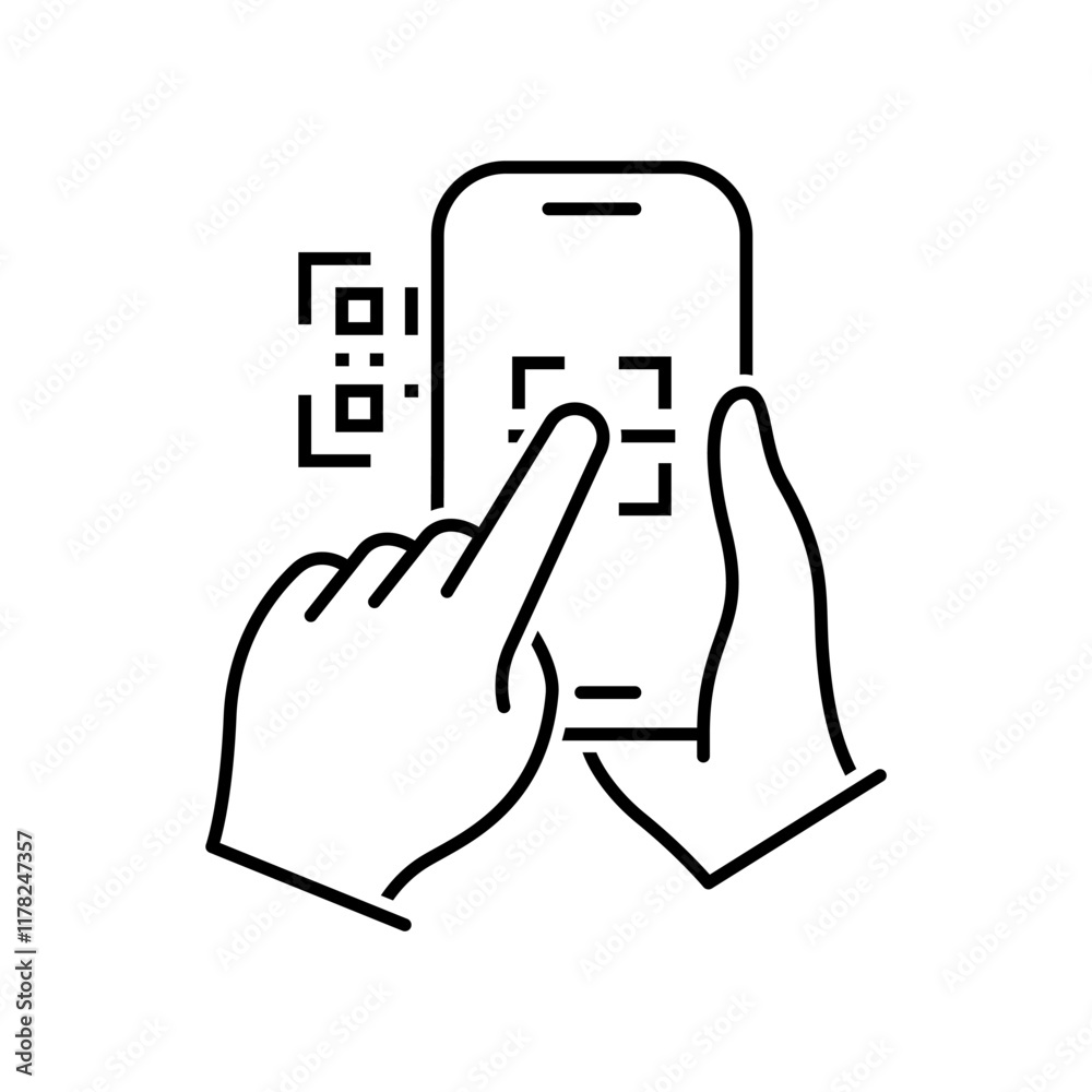 QR code scanning mobile phone in line style icon. Barcode scanner for pay PNG symbol. Hand holding scan QR code signs. vector illustration for apps and website