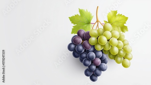 A cluster of green and purple grapes with leaves on a white background.