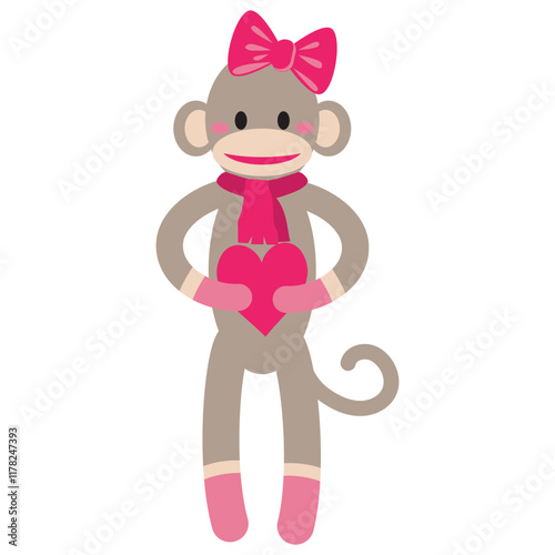 Cute and funny Valentine sock monkey girl vector cartoon illustration