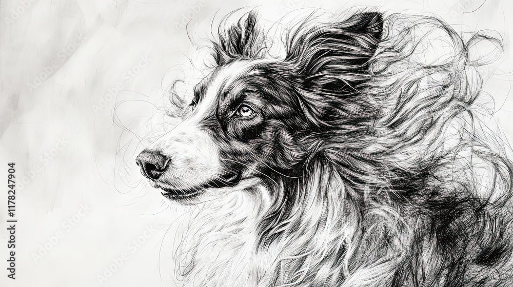 Black and white border collie dog portrait art Black and white border collie dog portrait art