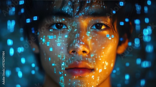 Young person face with digital squares, technology use, background bokeh.
