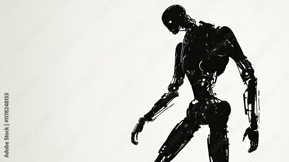Silhouette of a Mechanical Android Walking Slowly Silhouette of a Mechanical Android Walking Slowly