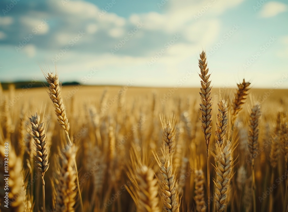 Fototapeta premium A golden wheat field under the blue sky, a picturesque scene of nature's abundance. The grain is ready for harvest in autumn. Close-up of a golden ear of wheat, with a background of a landscape