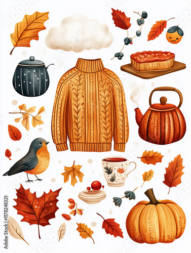 Cozy autumn elements sweater, teapot, leaves, bird, pumpkin, pie, berries.