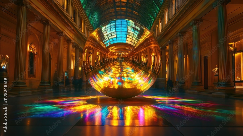 Obraz premium A stunning golden sphere at the center of a grand museum hall, reflecting vibrant, colorful lights from all angles, creating a mesmerizing visual display