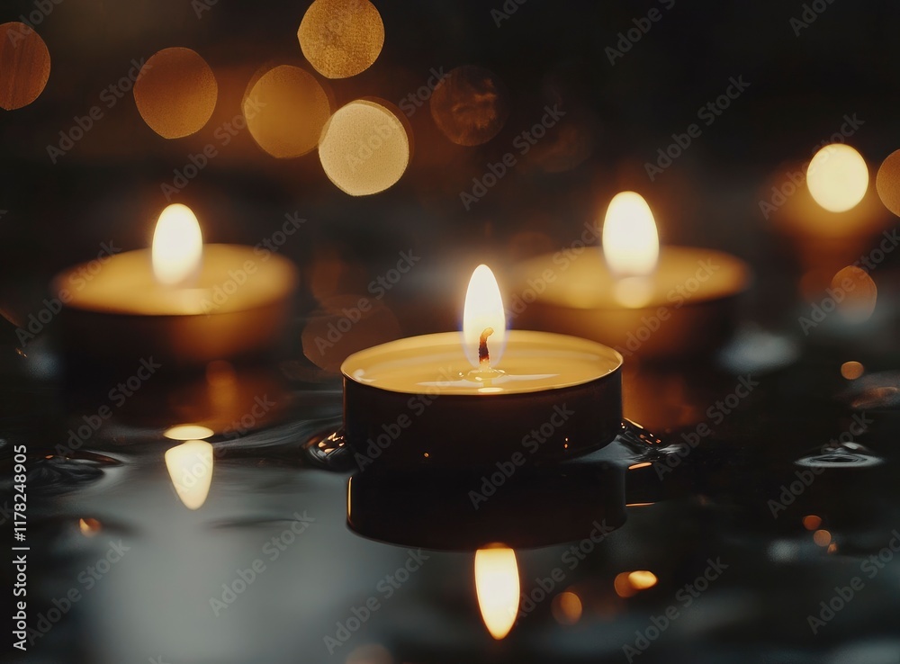 A group of lit candles in the dark, creating an atmosphere of tranquility and reflection on a black background with bokeh lights. The focus is sharp against the blurred light spots from the candle A group of lit candles in the dark, creating an atmosphere of tranquility and reflection on a black background with bokeh lights. The focus is sharp against the blurred light spots from the candle