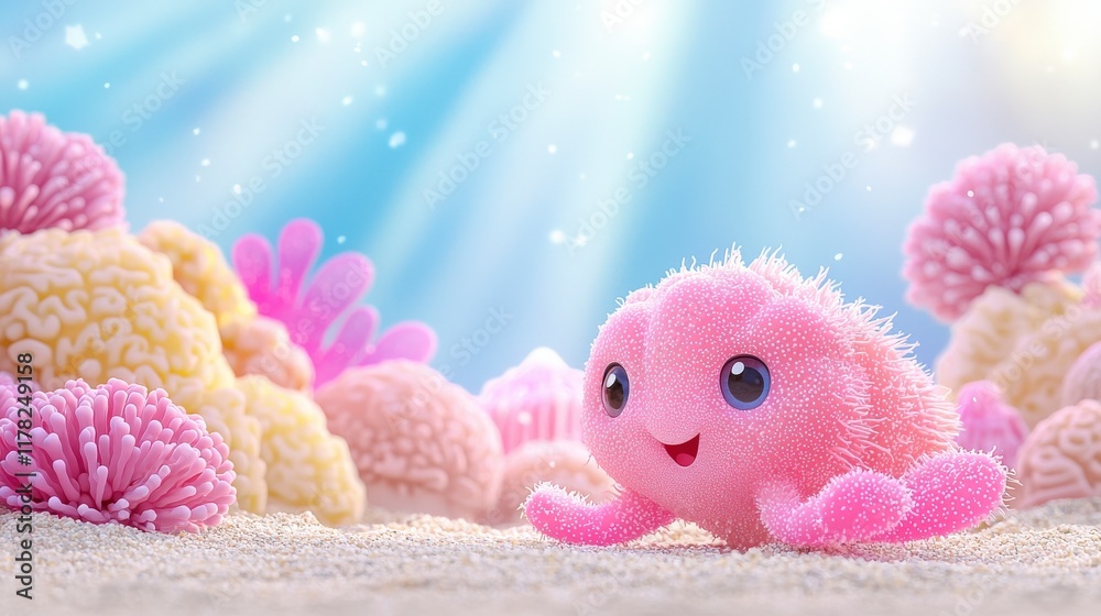 Fototapeta premium Cute and Colorful Underwater Character Surrounded by Vibrant Coral Reefs in a Bright Ocean Environment