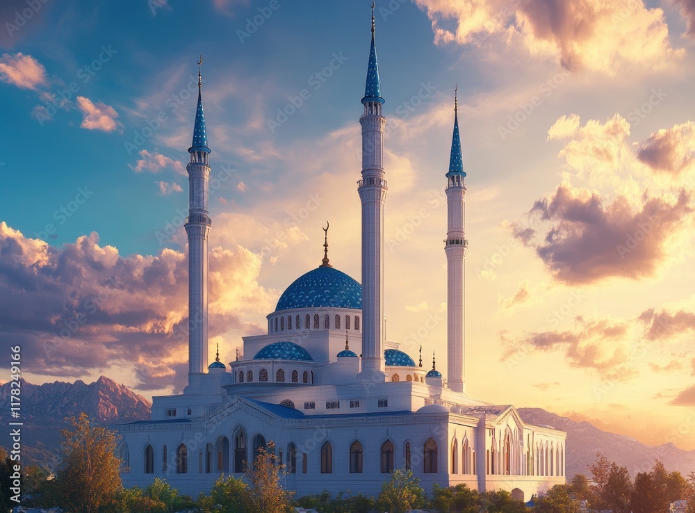 Fototapeta premium A mosque with two minarets against the sky at sunset. A realistic photo of an Islamic house and its tall towers, creating a beautiful background for Ramadan. In perspective view, it is a simple white 
