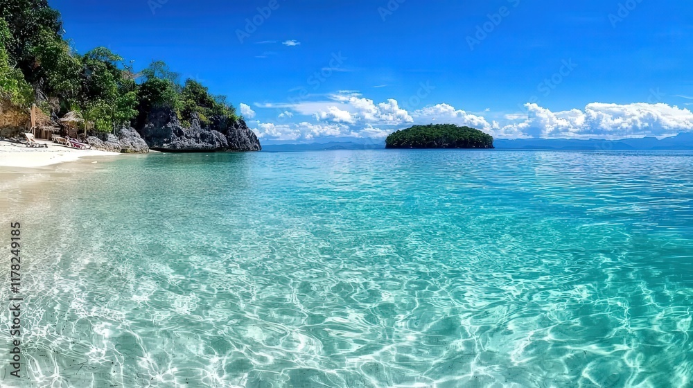 Fototapeta premium A breathtaking ocean scene with a small island in the distance, surrounded by crystal-clear water