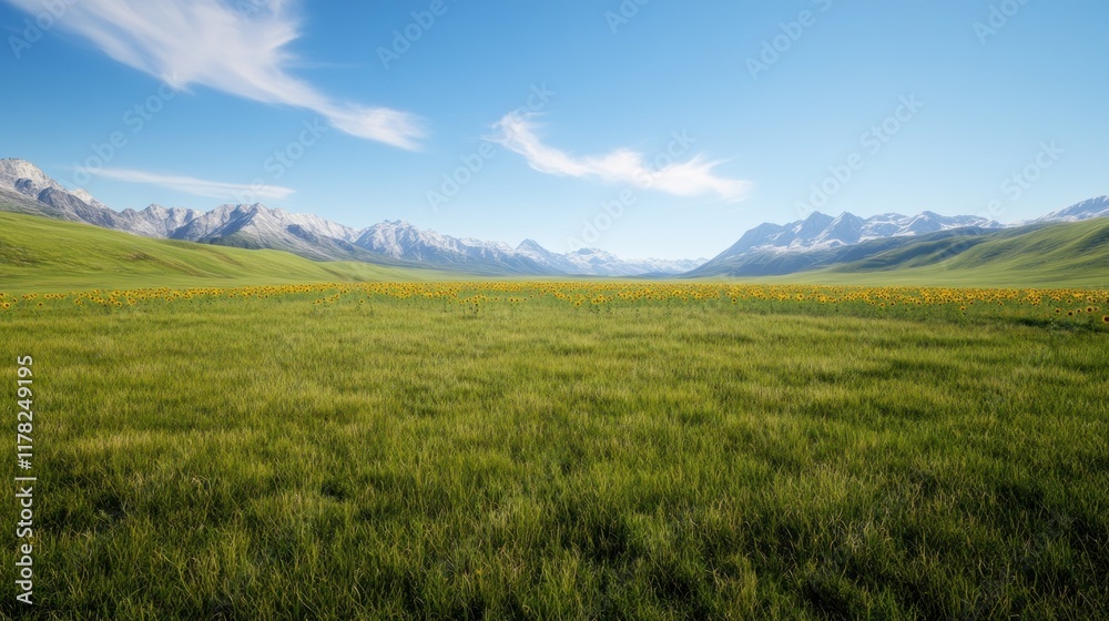 Expansive grassy landscape with mountains under a clear blue sky. Expansive grassy landscape with mountains under a clear blue sky.