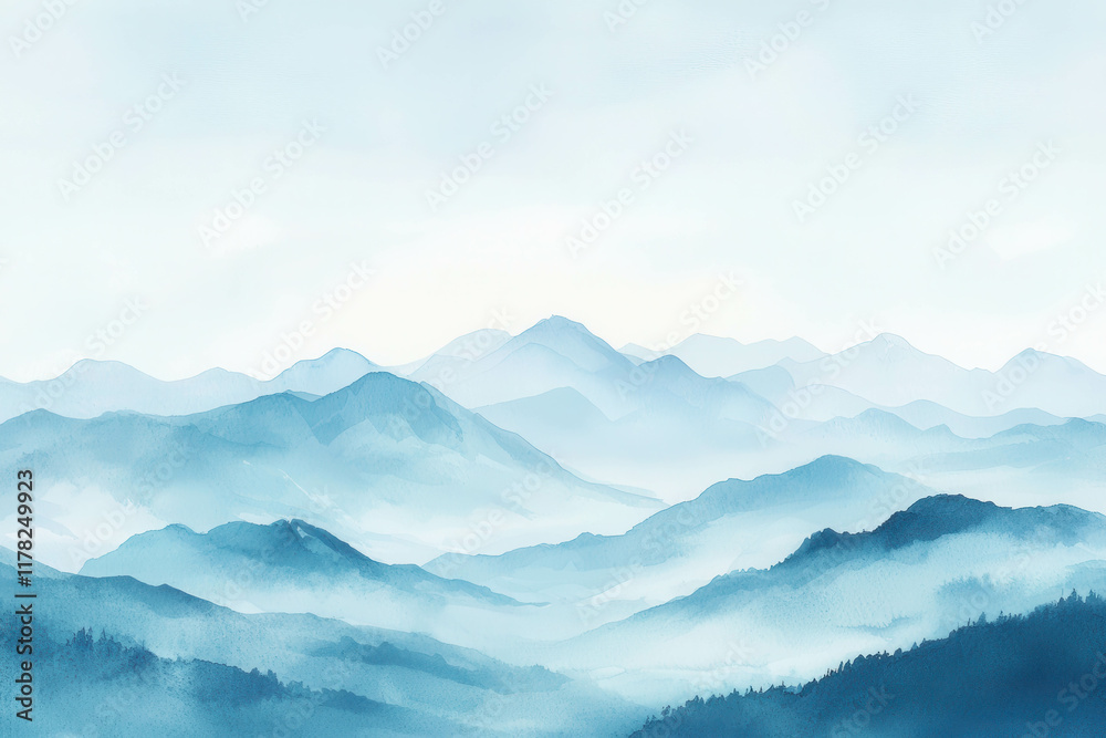 Obraz premium Serene Watercolor Painting of Majestic Mountains in Soft Blue Tones