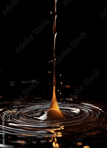 A picture of chocolate liquid being poured on top of a surface, against a black background, melting down and creating circular waves. The focus is on the pouring moment with a close-up shot capturing