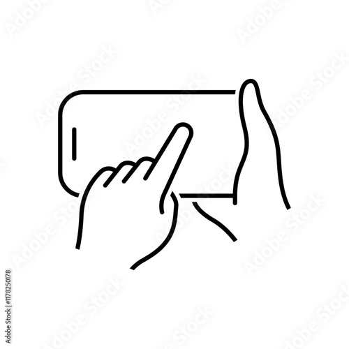 Hands holding mobile phone in line style icon. Smartphone held by two hands PNG symbol. Hand holding a smartphone signs vector illustration for apps and website