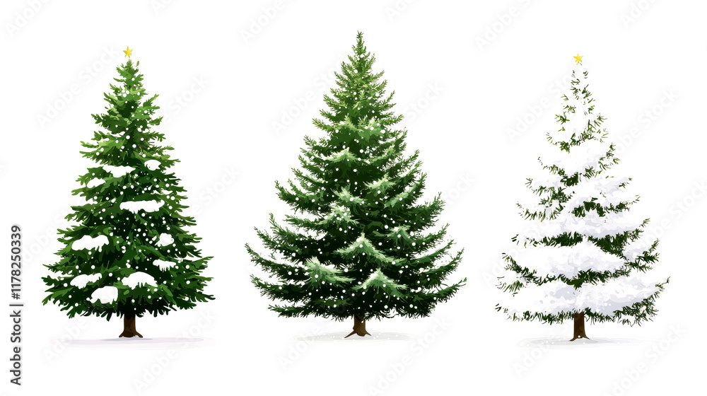 Obraz premium Three distinct Christmas trees display vibrant greenery and snow effects, perfect for festive decor during the holiday season