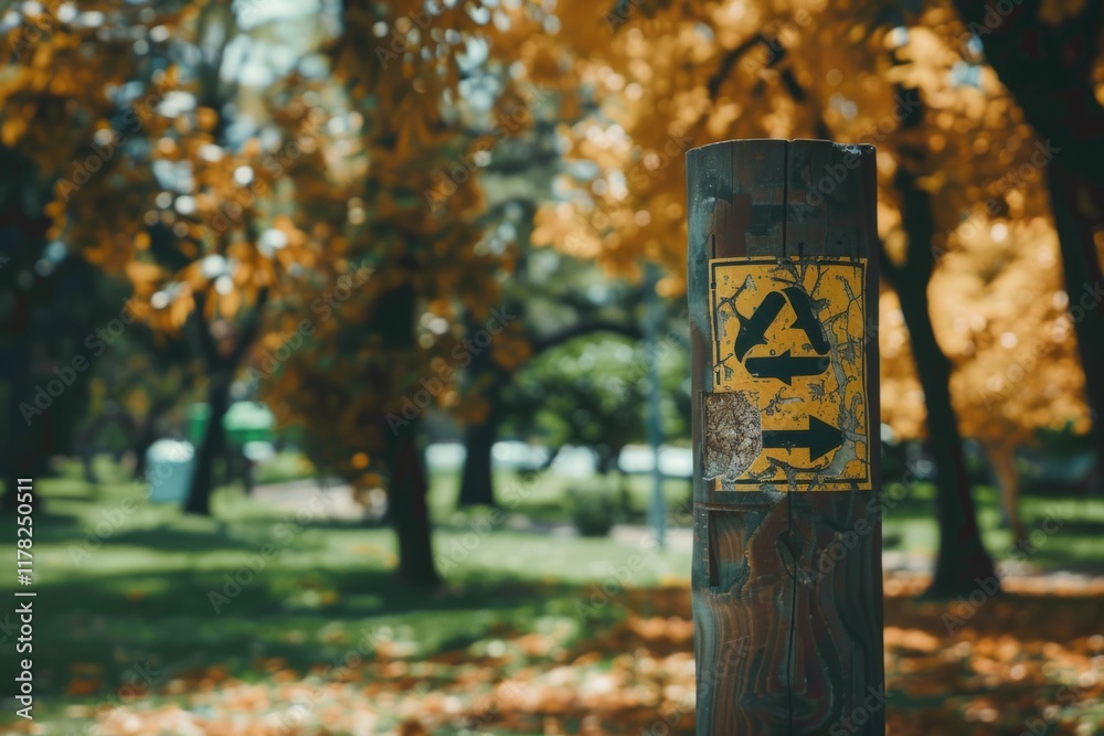 Autumn recycling sign in scenic park Autumn recycling sign in scenic park