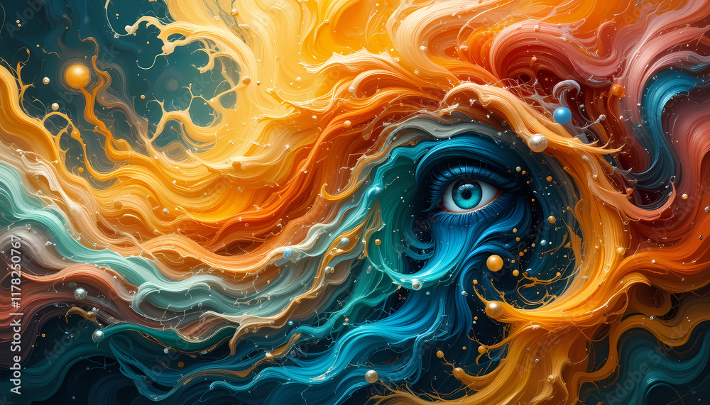 A mesmerizing abstract composition with an hidden third eye, subtly woven into the colors, adds a layer of mystery and intrigue, vibrant colors, fiery oranges, radiant yellows, deep ocean blues A mesmerizing abstract composition with an hidden third eye, subtly woven into the colors, adds a layer of mystery and intrigue, vibrant colors, fiery oranges, radiant yellows, deep ocean blues
