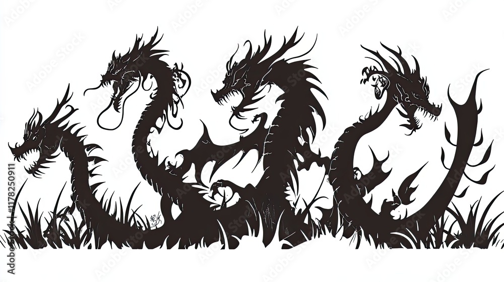 Three Majestic Dragons in a Grassy Meadow Three Majestic Dragons in a Grassy Meadow