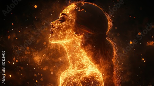 Woman with fiery aura, sparks, dark background, spiritual, fantasy, portrait, concept art