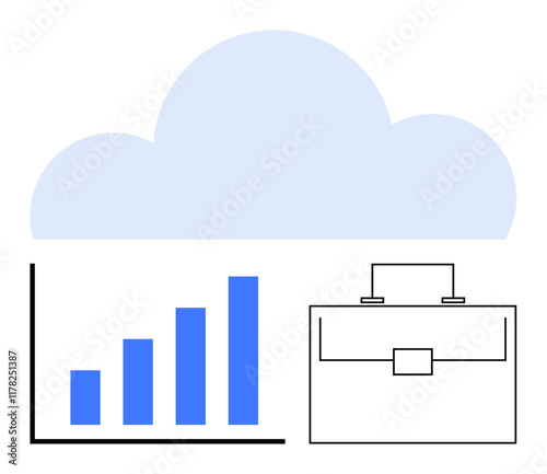 Blue cloud above bar graph and briefcase symbolizing digital storage, analytics, and professional tools. Ideal for cloud technology, data management, business strategy, productivity, remote work