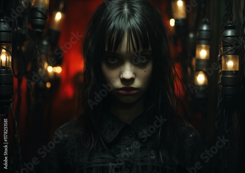 Mysterious Gothic Woman in Dimly Lit Room