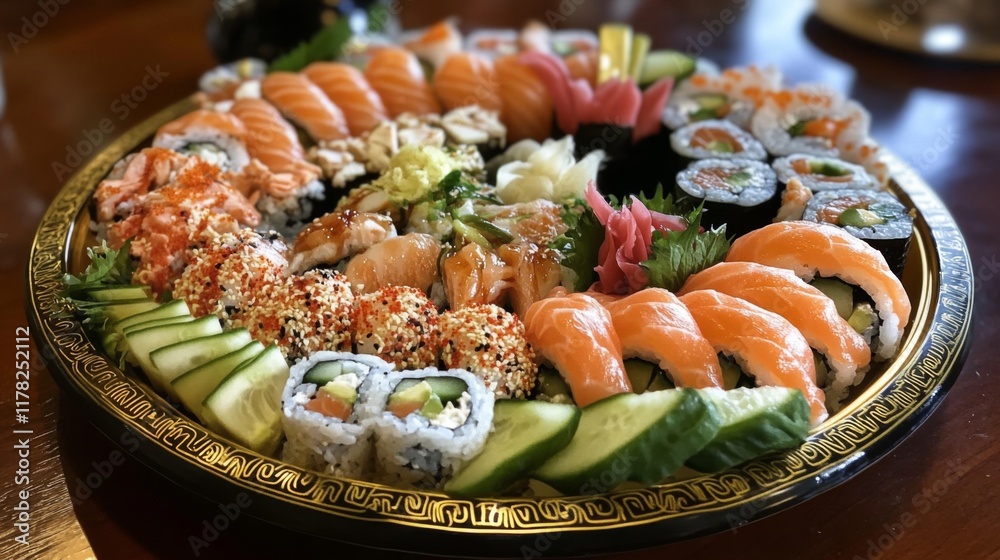 A platter of sushi rolls filled with fresh salmon, avocado, and cucumber, garnished with tobiko and served with soy sauce and wasabi. A platter of sushi rolls filled with fresh salmon, avocado, and cucumber, garnished with tobiko and served with soy sauce and wasabi.