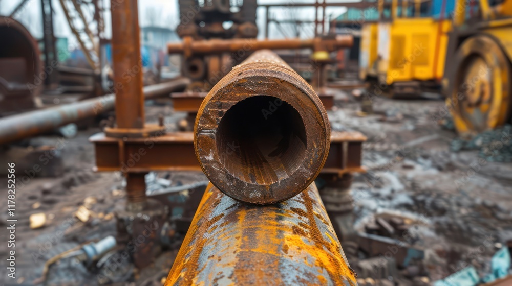 A high-carbon steel 'L'-shaped tube at a construction site, set against a rugged industrial backdrop featuring machinery, tools, and metal components scattered in the background A high-carbon steel 'L'-shaped tube at a construction site, set against a rugged industrial backdrop featuring machinery, tools, and metal components scattered in the background