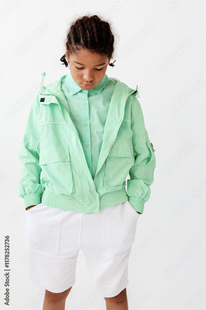 Stylish young boy in green jacket and white shorts poses confidently against minimalist white background Stylish young boy in green jacket and white shorts poses confidently against minimalist white background