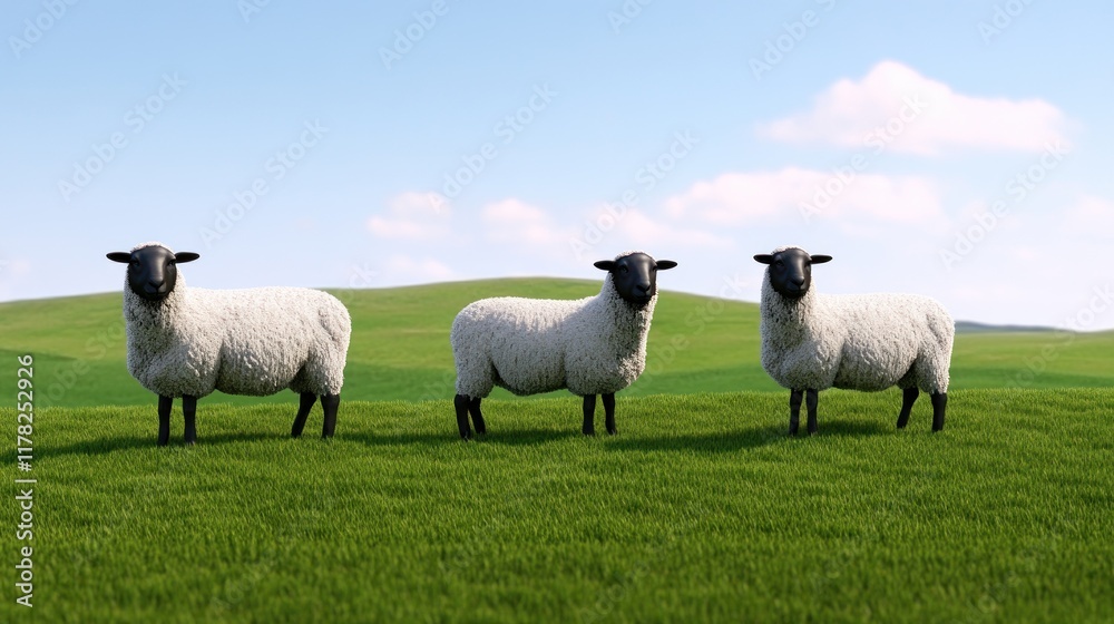 Three sheep standing on a green grassy field under a blue sky. Three sheep standing on a green grassy field under a blue sky.