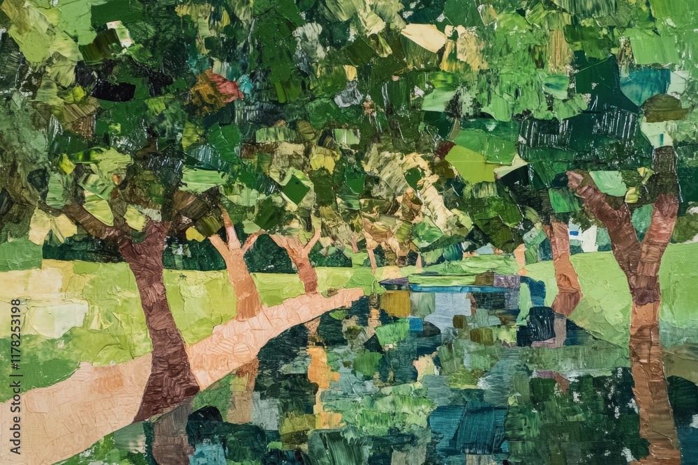 Fototapeta premium Abstract tree-lined canal collage.