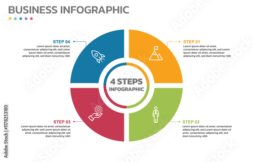 Visual data presentation. Cycle diagram with 4 options. Pie Chart Circle infographic template with 4 steps, options, parts, segments. Business concept. Editable pie chart with sectors.