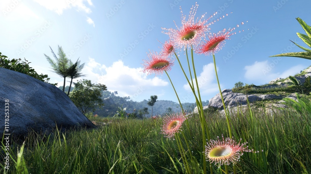 Vibrant flowers in a lush landscape under a clear blue sky. Vibrant flowers in a lush landscape under a clear blue sky.