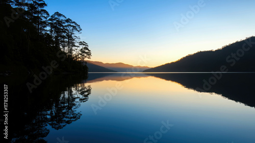 Tranquil Lakeside at Dawn with Silhouettes of Nature Reflected on Water
