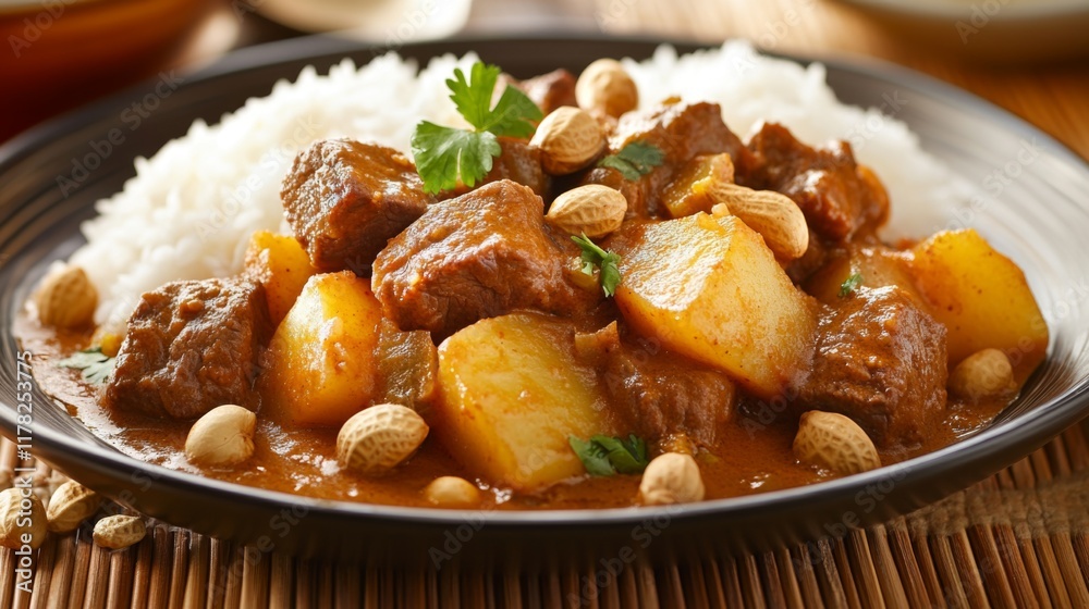 A traditional plate of Massaman curry, rich and aromatic with tender beef, potatoes, peanuts, and onions, served with fluffy Thai jasmine rice. A traditional plate of Massaman curry, rich and aromatic with tender beef, potatoes, peanuts, and onions, served with fluffy Thai jasmine rice.